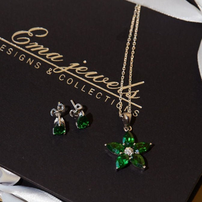 Aletheia Emerald Sterling Silver Necklace & Earring Set - Ema Jewels
