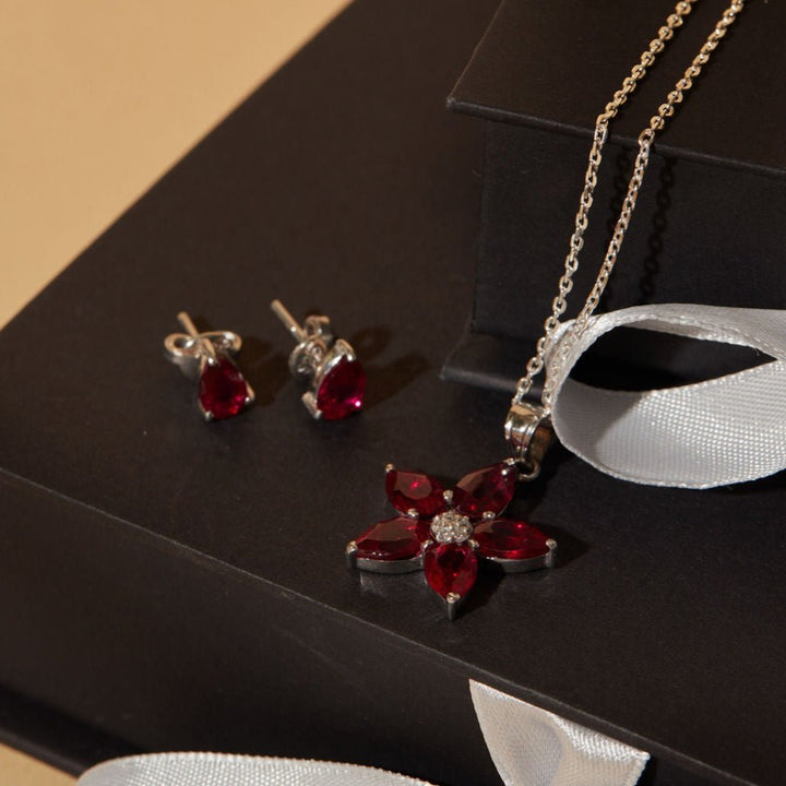 Aletheia Ruby Sterling Silver Necklace & Earring Set - Ema Jewels