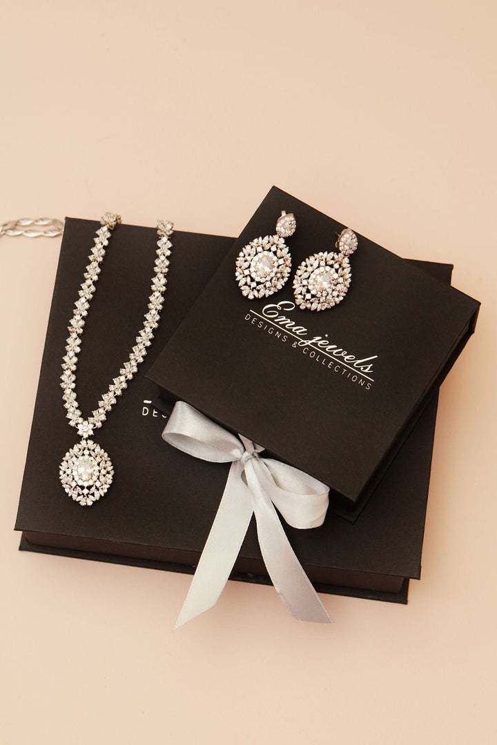 Athena Crystal Sterling Silver Necklace & Earring SET - Ema Jewels