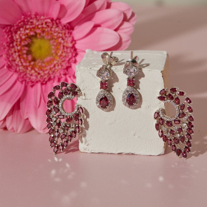 Pegasus Winged Fuchsia Studded Silver Earrings - Ema Jewels