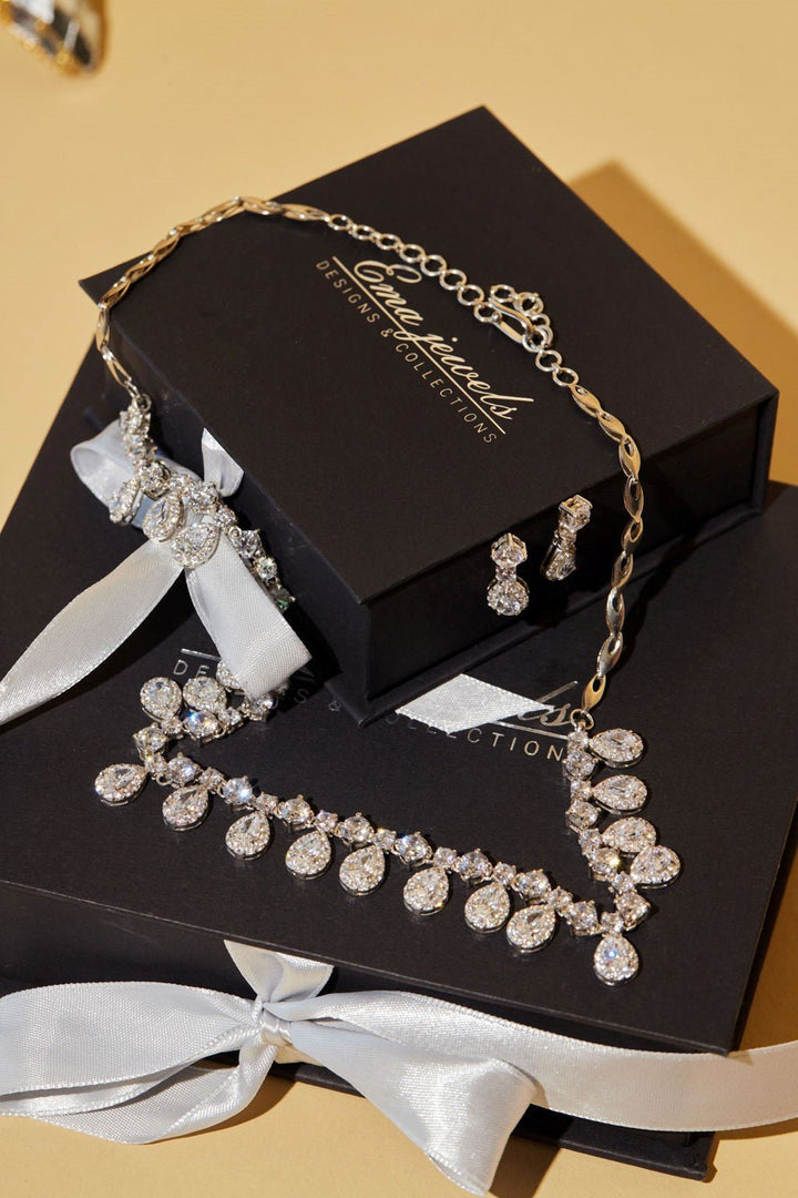 Persephone Crystal Sterling Silver Necklace & Earring SET - Ema Jewels