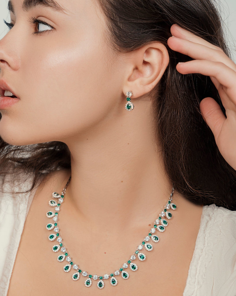 Persephone Emerald Sterling Silver Necklace & Earring SET - Ema Jewels